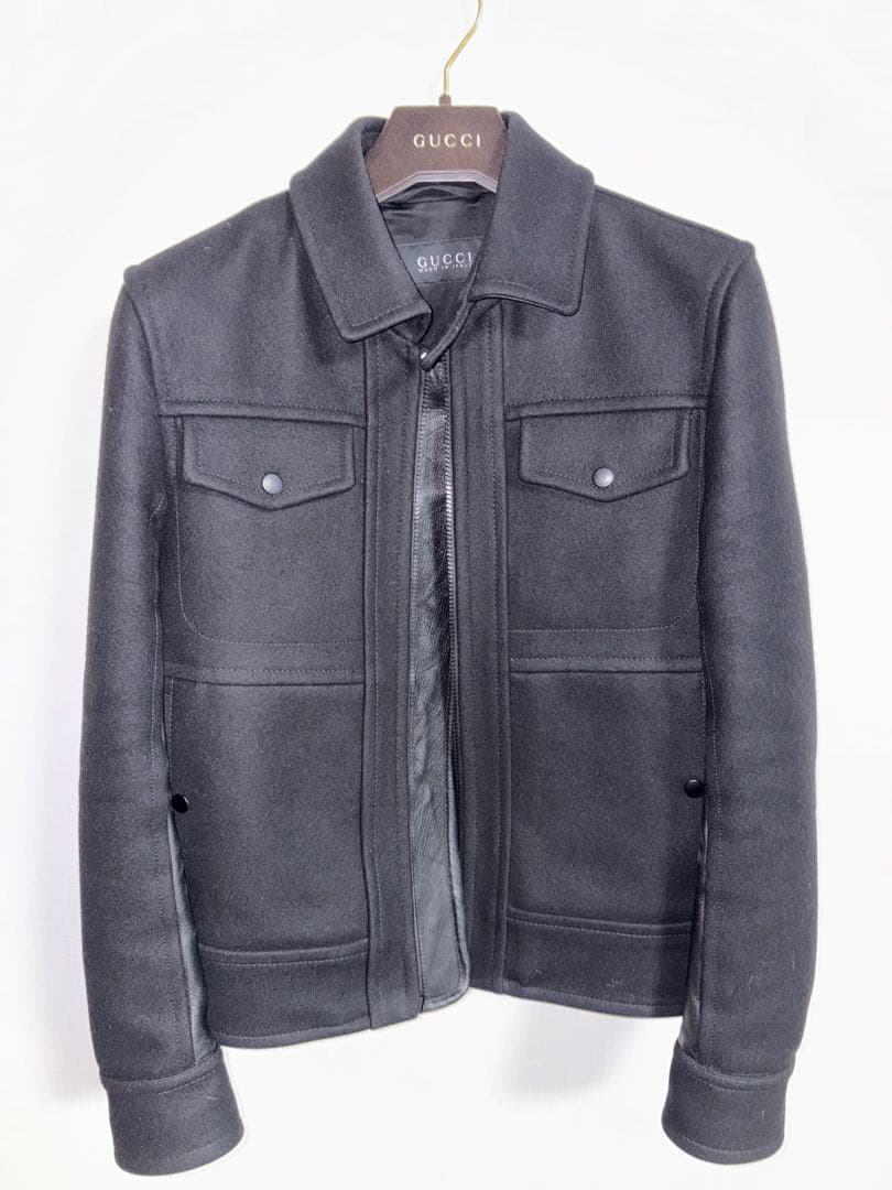 グッチ GUCCI メルトン ウール 袖レザー 切替 ミリタリー ジャケット