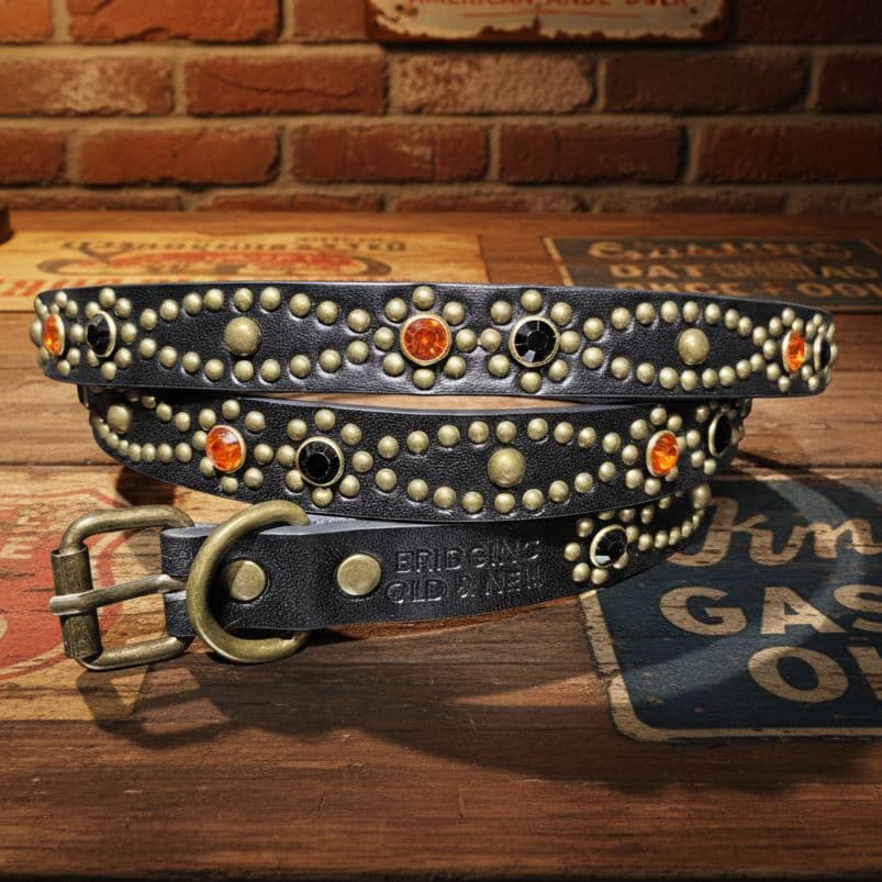 クロス橙□本革レザーフルスタッズナローベルト☆ヴィンテージアメカジ