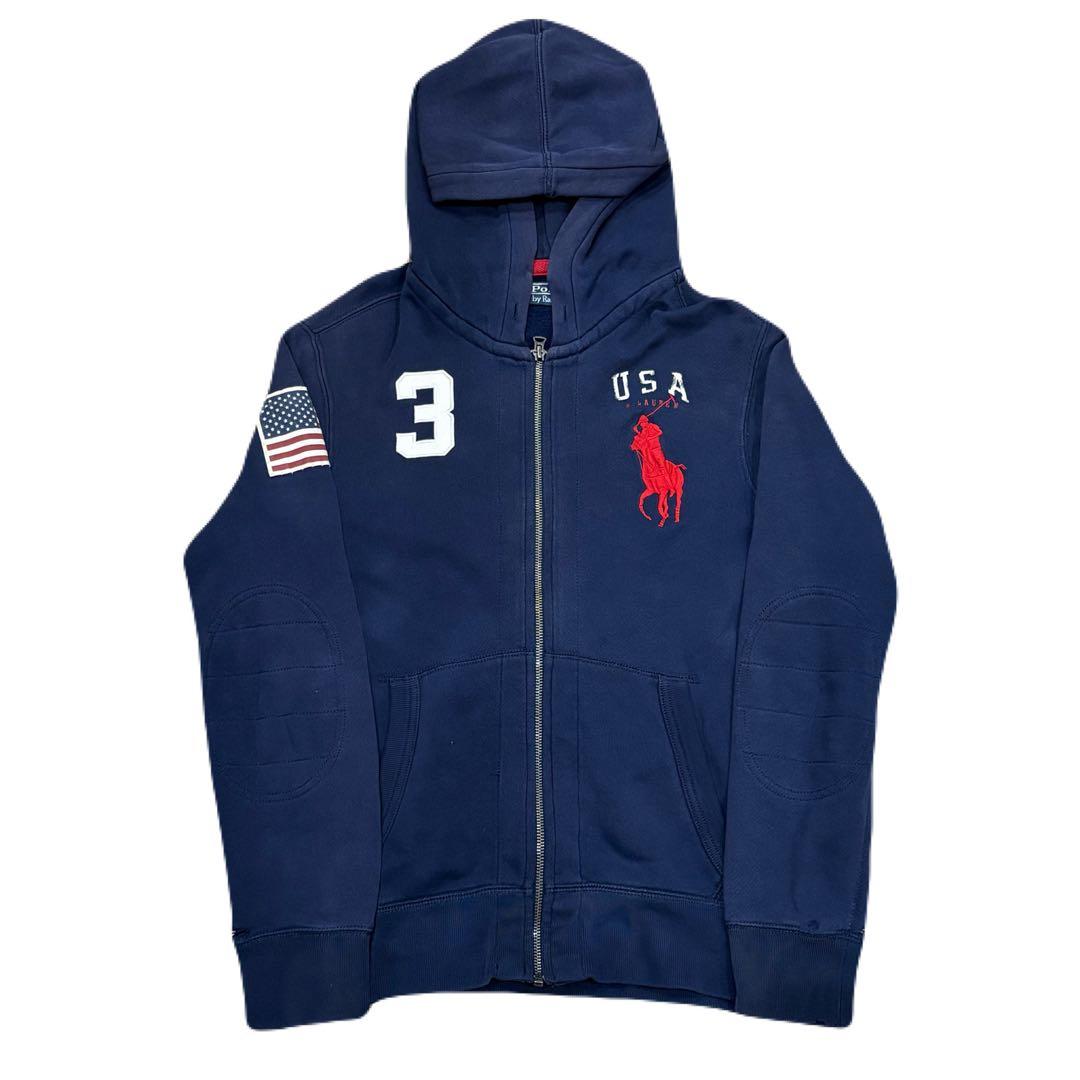 90s ラルフローレン 国旗 刺繍 ビックポニー 短丈 ジップ パーカー