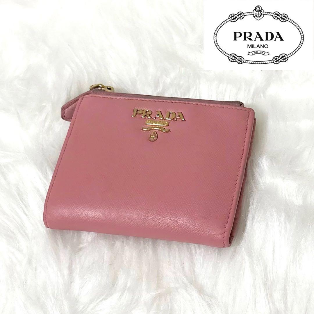 極美品】PRADA 二つ折り財布 レザー サフィアーノ コンパクト ピンク