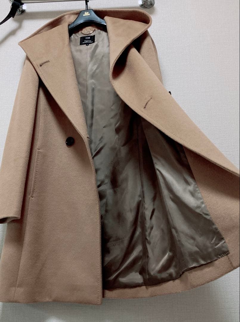 美品 23区 羊毛✖️アンゴラ ビーバーフーデットコート キャメル40 Lサイズ