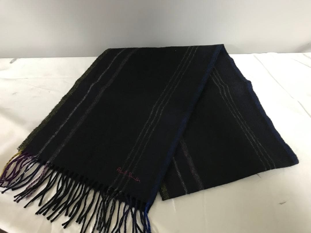 本物ポールスミスPAULSMITHカシミヤウールロゴ刺繍ストライプ柄