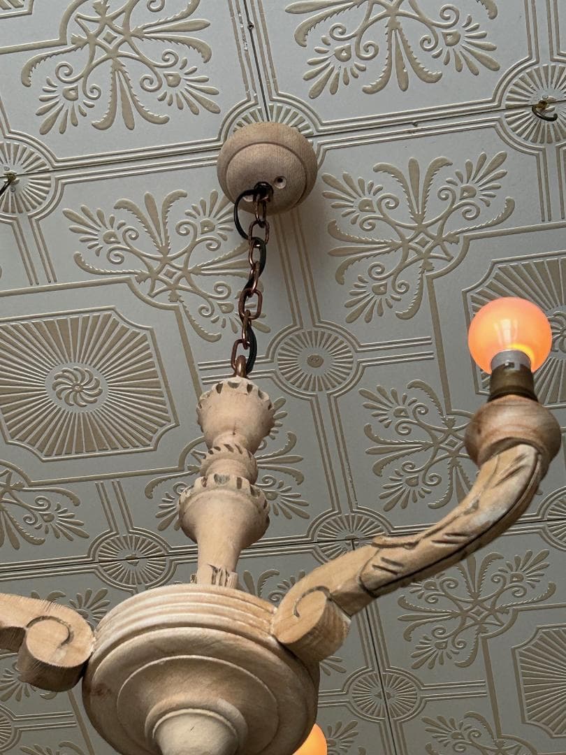 フランスアンティーク 木製シャンデリア 3灯 シャビー 店舗什器