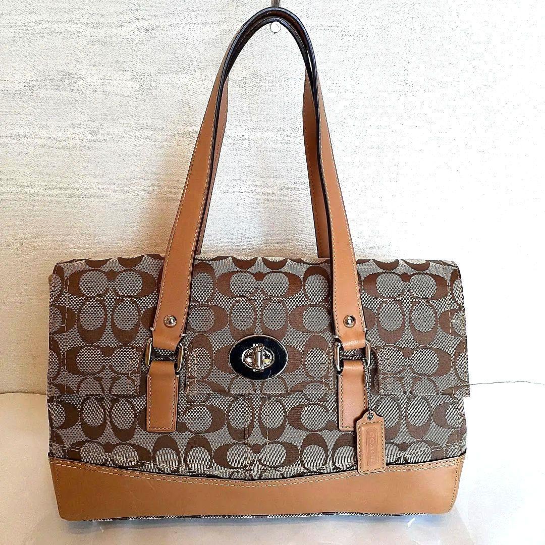 極美品】COACH トートバッグ ターンロック シグネチャー ベージュ 未