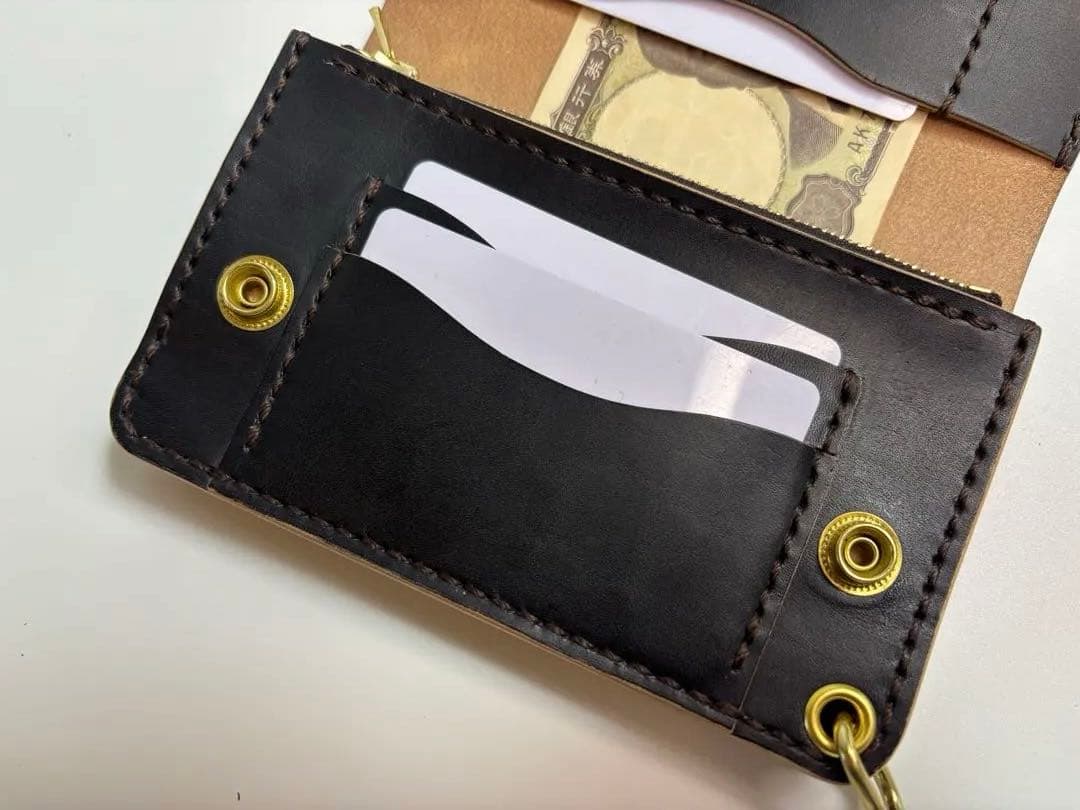 黒 ヌメ革 茶芯 丘染 トラッカーウォレット 3層 真鍮 レザークラフト