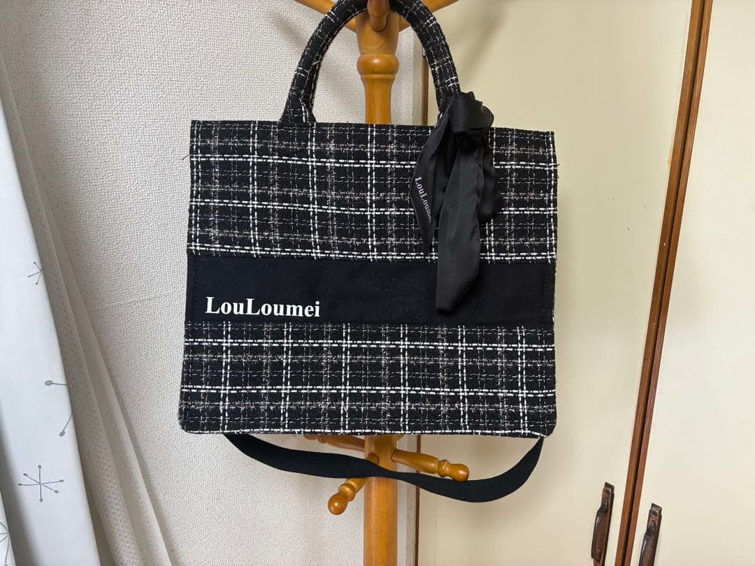 LouLoumei チェック柄 トートバッグ ツイード 白黒 - メルカリ