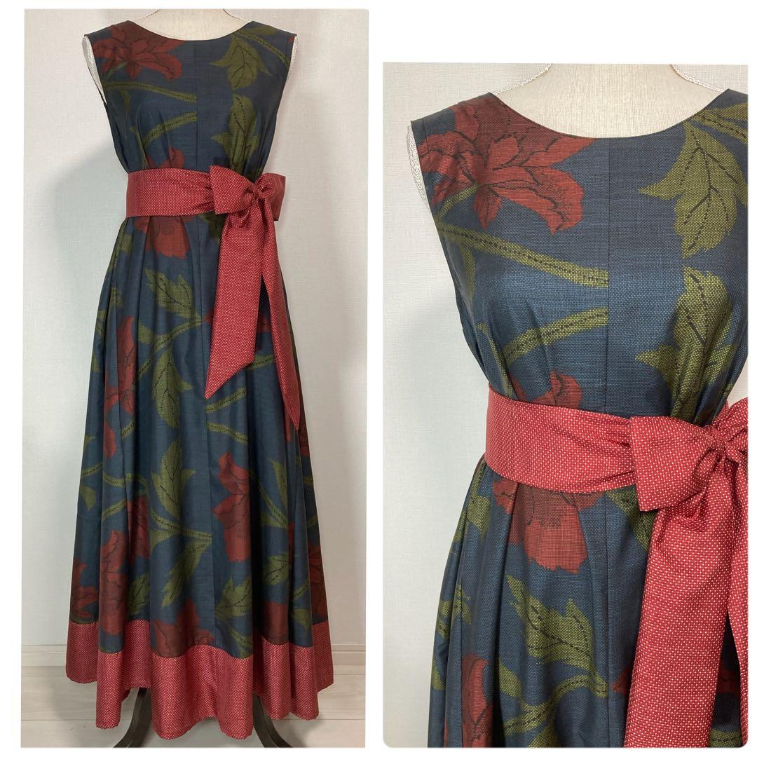 着物リメイク 大島紬裾切り替えロングフレアワンピース（後ろVネック