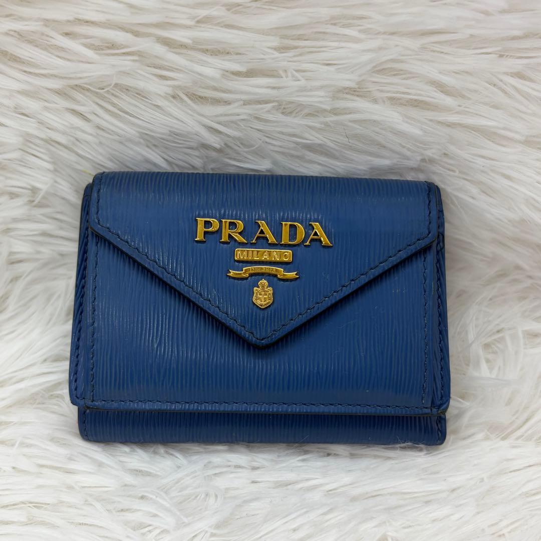 RFID搭載/美品✨プラダ 三つ折り財布 サフィアーノ レザー ブルー