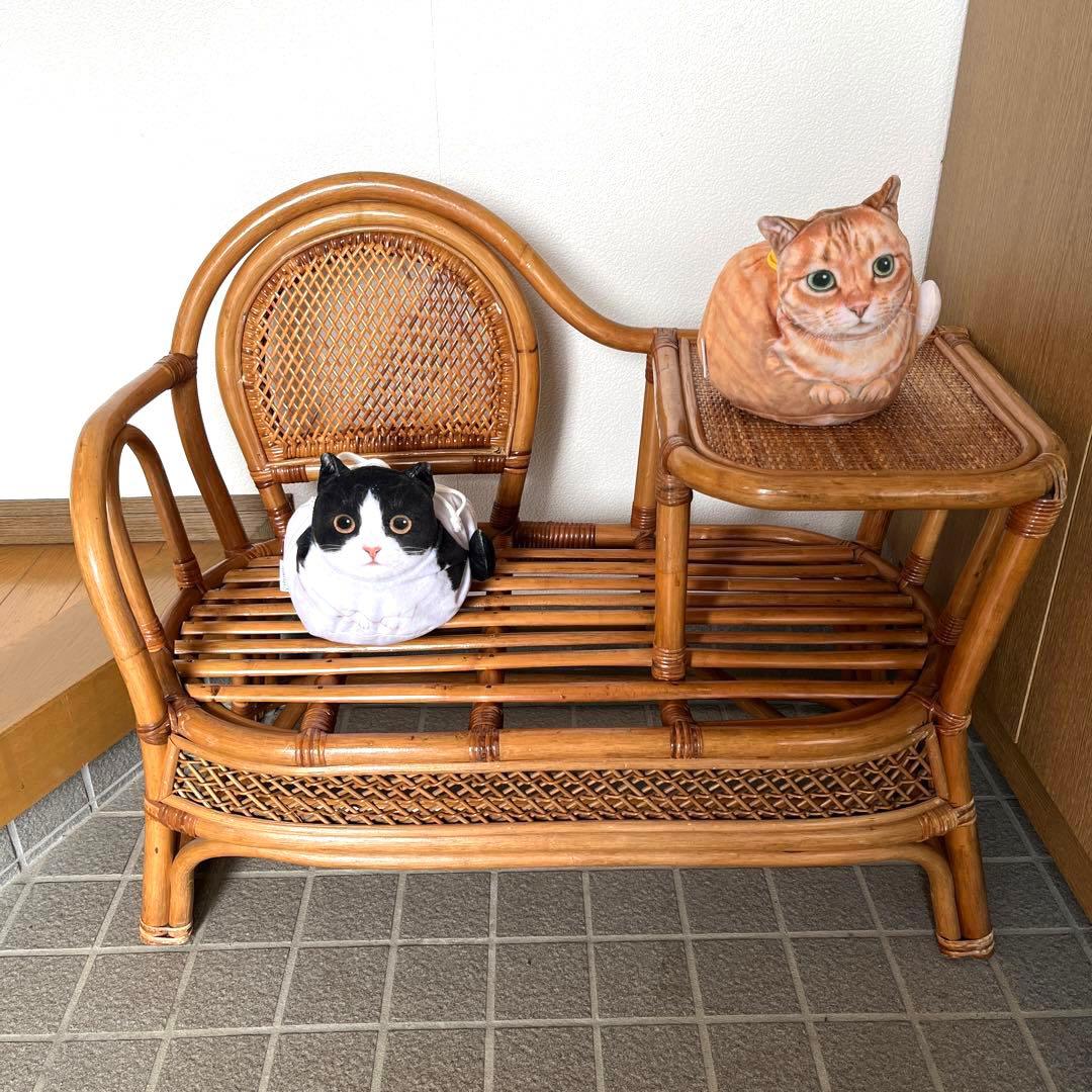 昭和レトロ 藤 アンティーク ラタン サイドテーブル付チェア 椅子