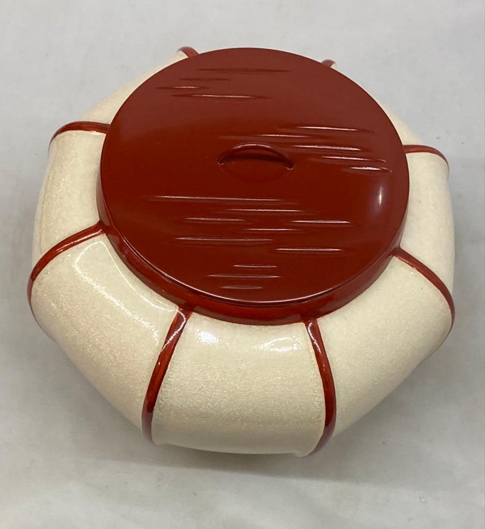 B380b 「ぼんぼり 水指」西尾瑞豊造 共箱 萬古焼 木製朱漆塗蓋付 祭