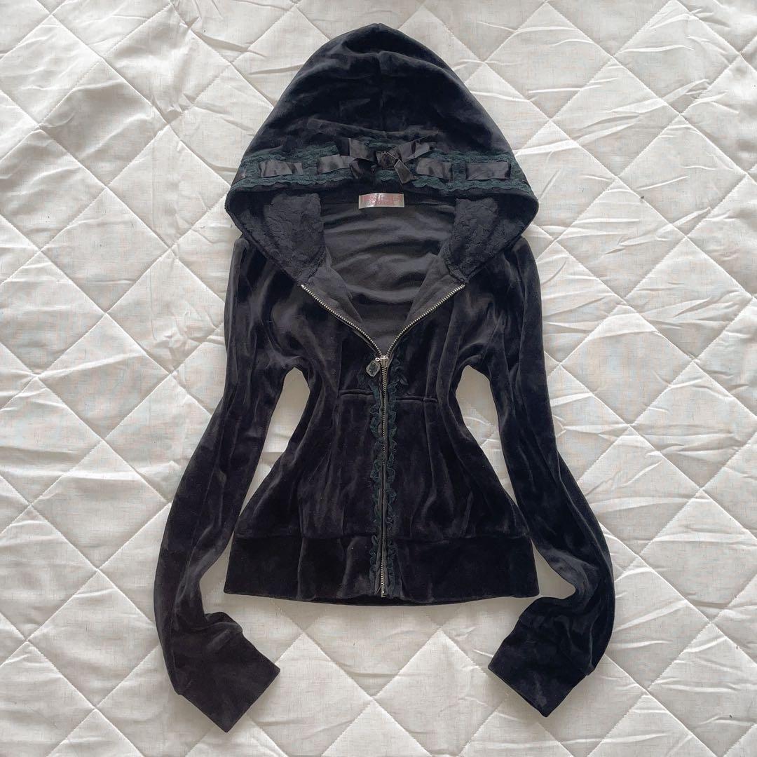 00s TRALALA 希少 姫系 リボンフリル ベロアフルジップパーカー