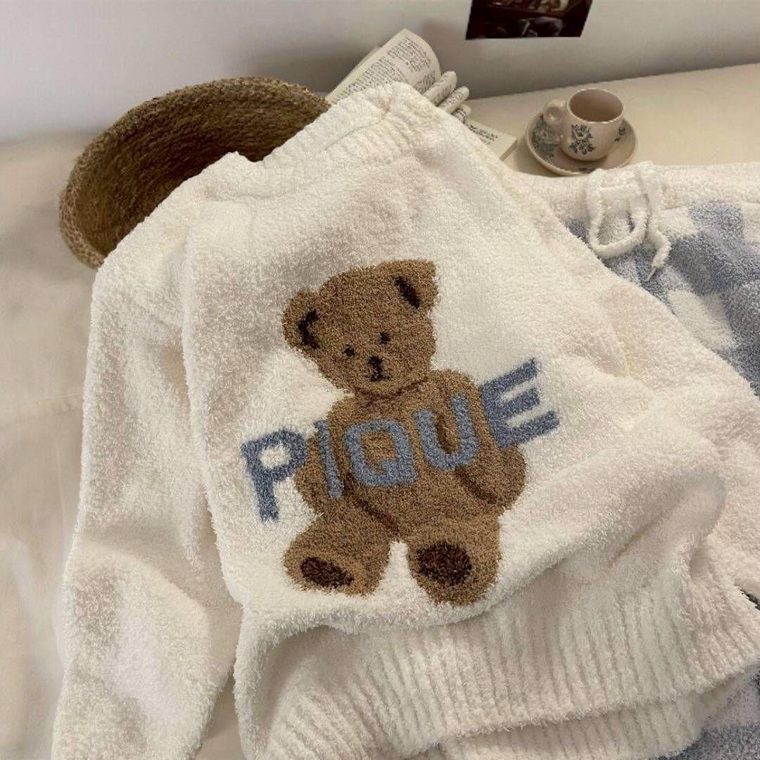 新品ジェラートピケ ルームウェア 冬くまふわふわ ホワイト上下セット