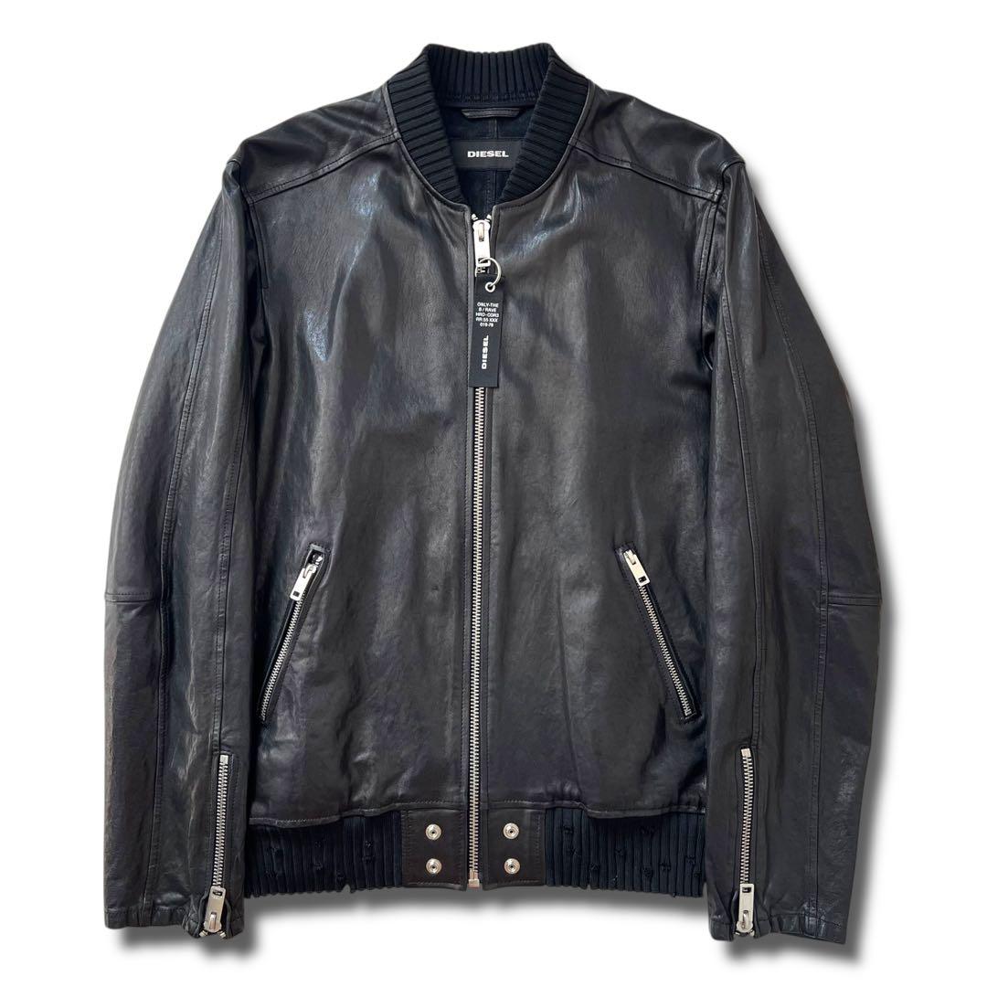 良品 DIESEL ラムレザー ボンバー ジャケット M リブ ダメージ加工 Many men, many minds. 革ジャン ライダース MANYMENMANYMINDS