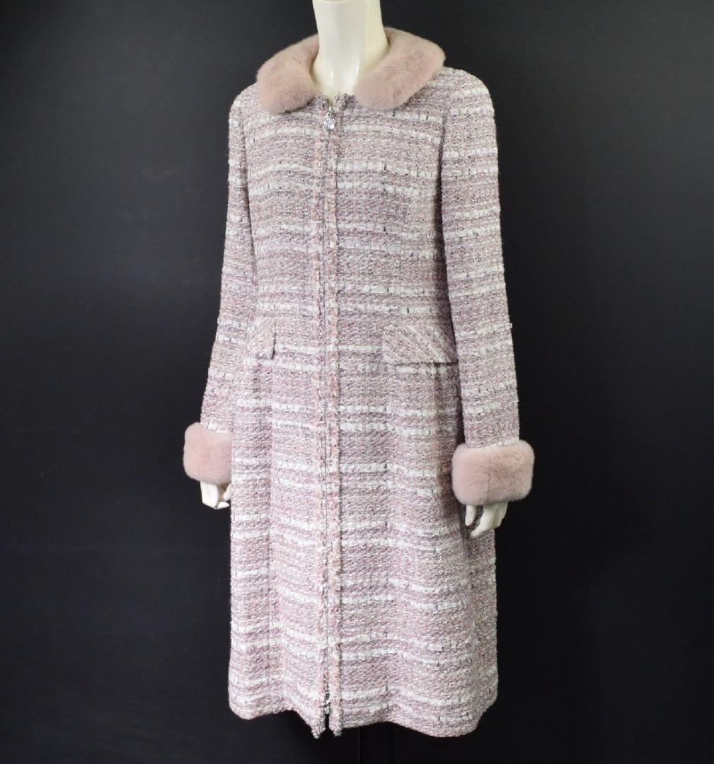 René ロングコート 36 ピンク ファー付き ツイード ツイードコート