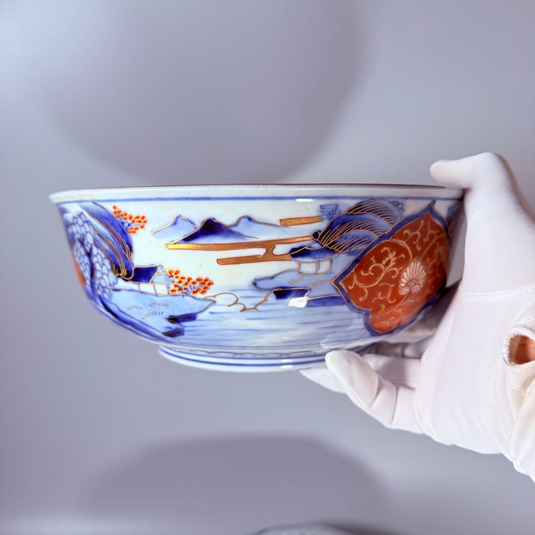 1900年代初頭 錦手 山水図三ツ鉢 箱有 青海波文 舟 二重高台 明治大正