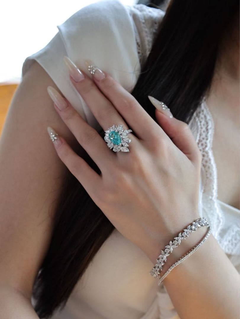 【S925純銀】ラボグロウン・パライバ リング／6.5ct／ハローセッティング