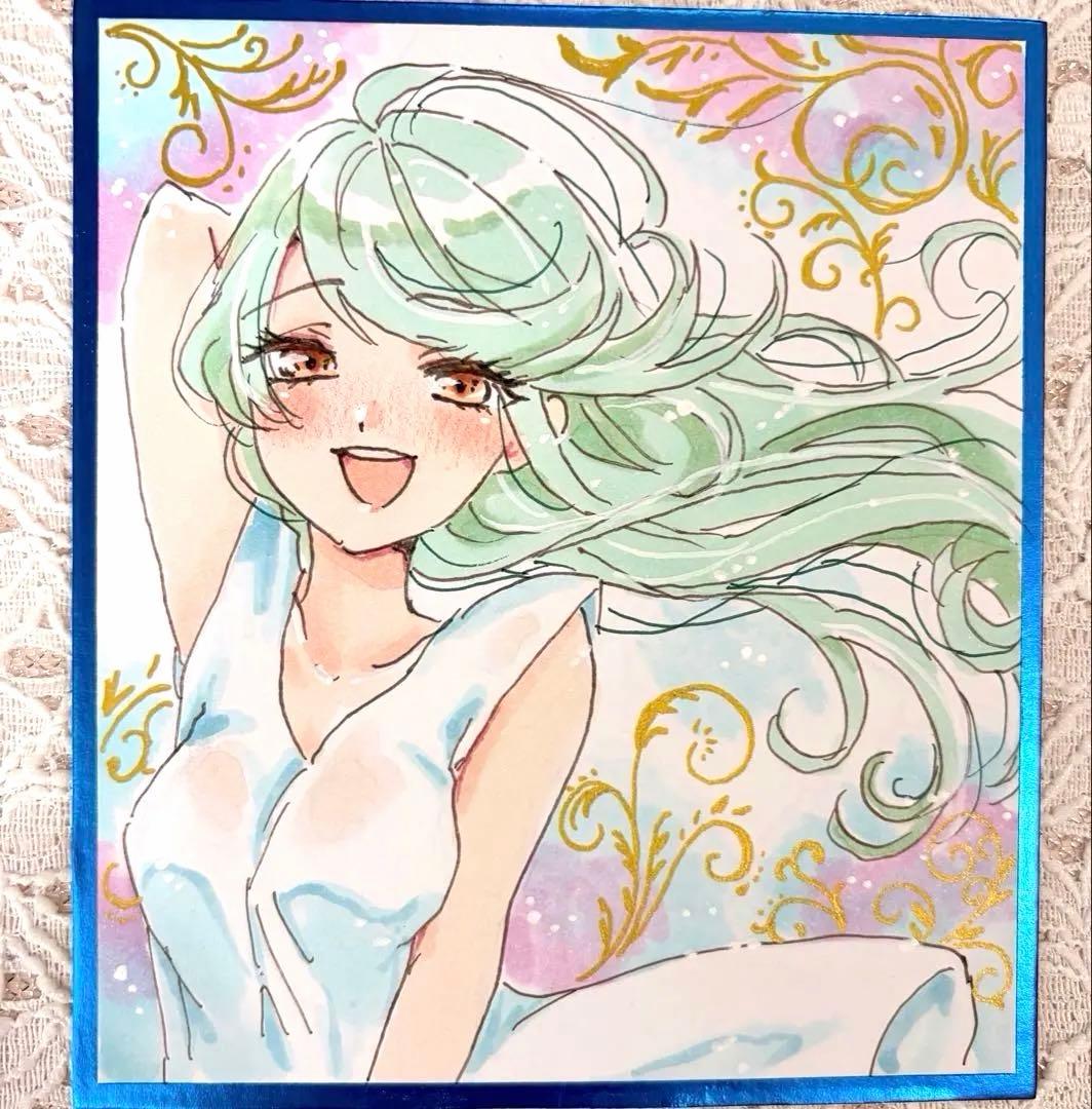 オリジナル手描きイラスト 『髪、なびかせて』 コピック 色紙 アナログ
