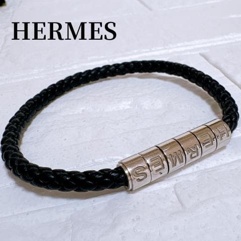 HERMES ブレスレット ゴリアテ コード レザー 黒×シルバー