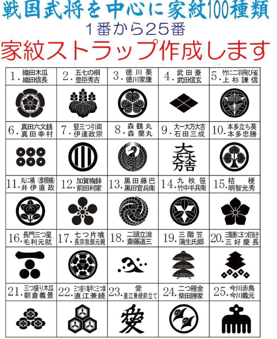 戦国武将 名入れ家紋ストラップ 100選 1番から25番 リクエスト大歓迎