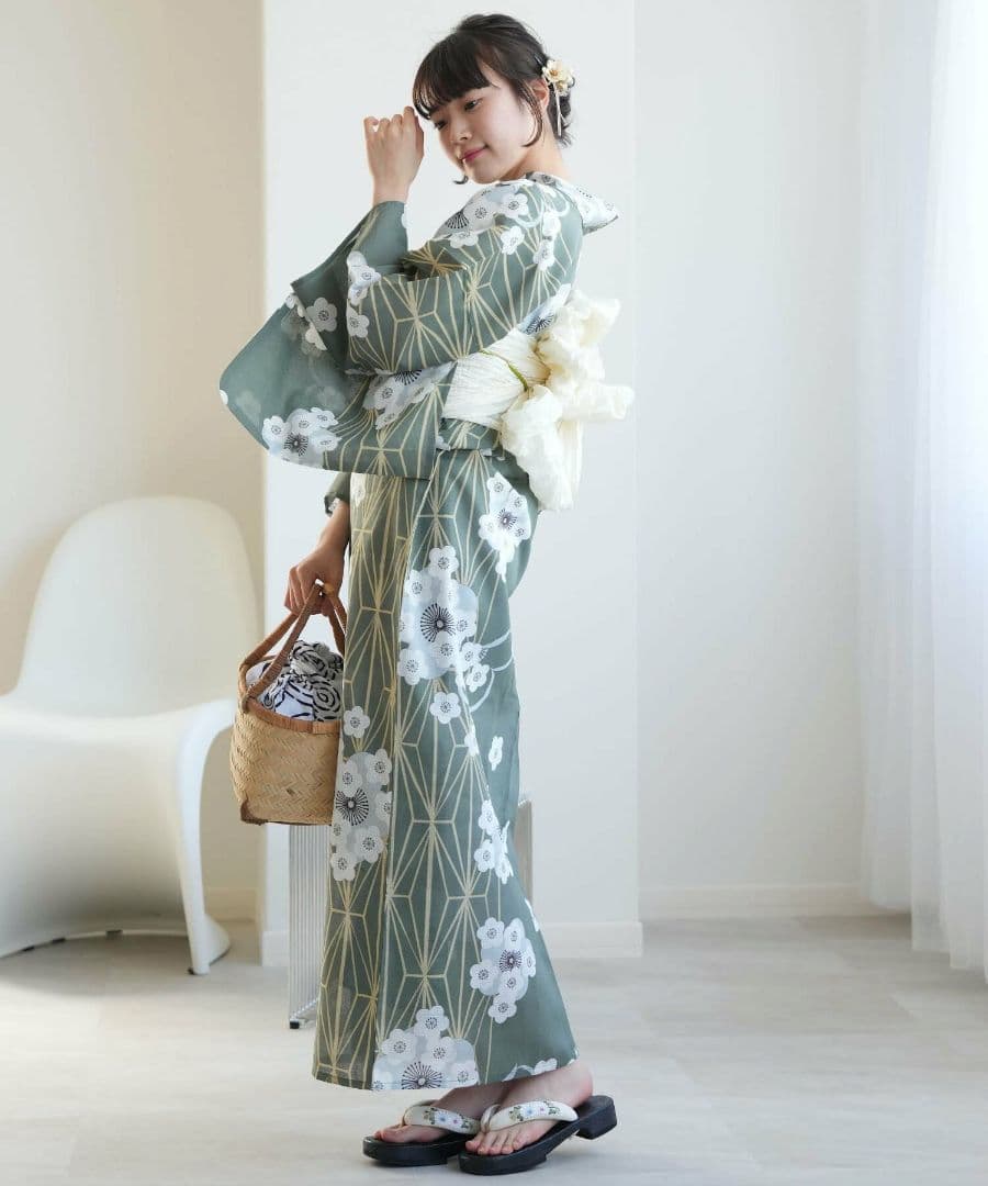 新品 ひよこ商店 高級変わり織 浴衣 セット 翡翠色に麻の葉と重なる梅