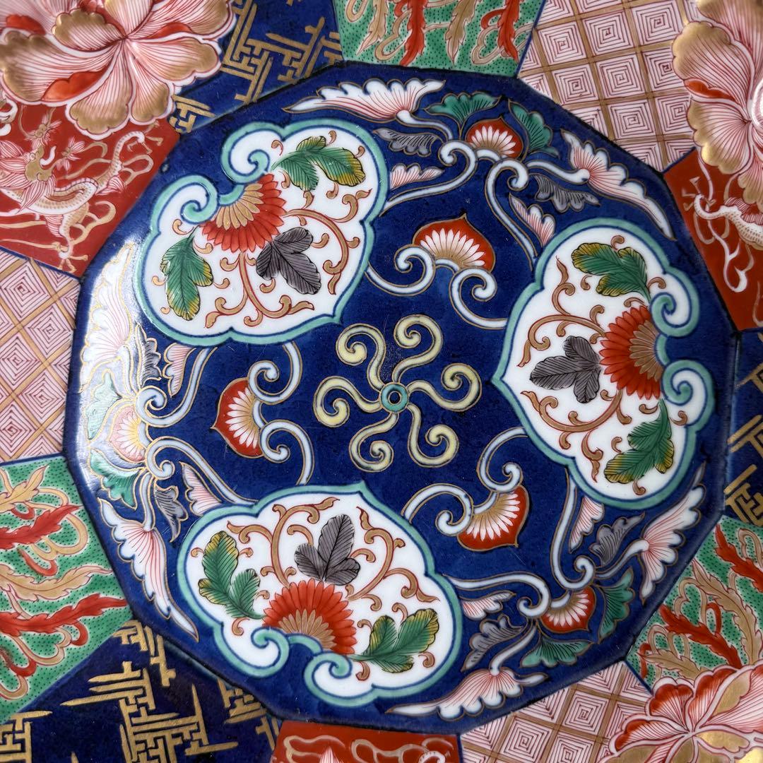 大聖寺伊万里　鳳凰龍図十二角浅鉢　立体的　大明万暦年製　合箱　31.5cm