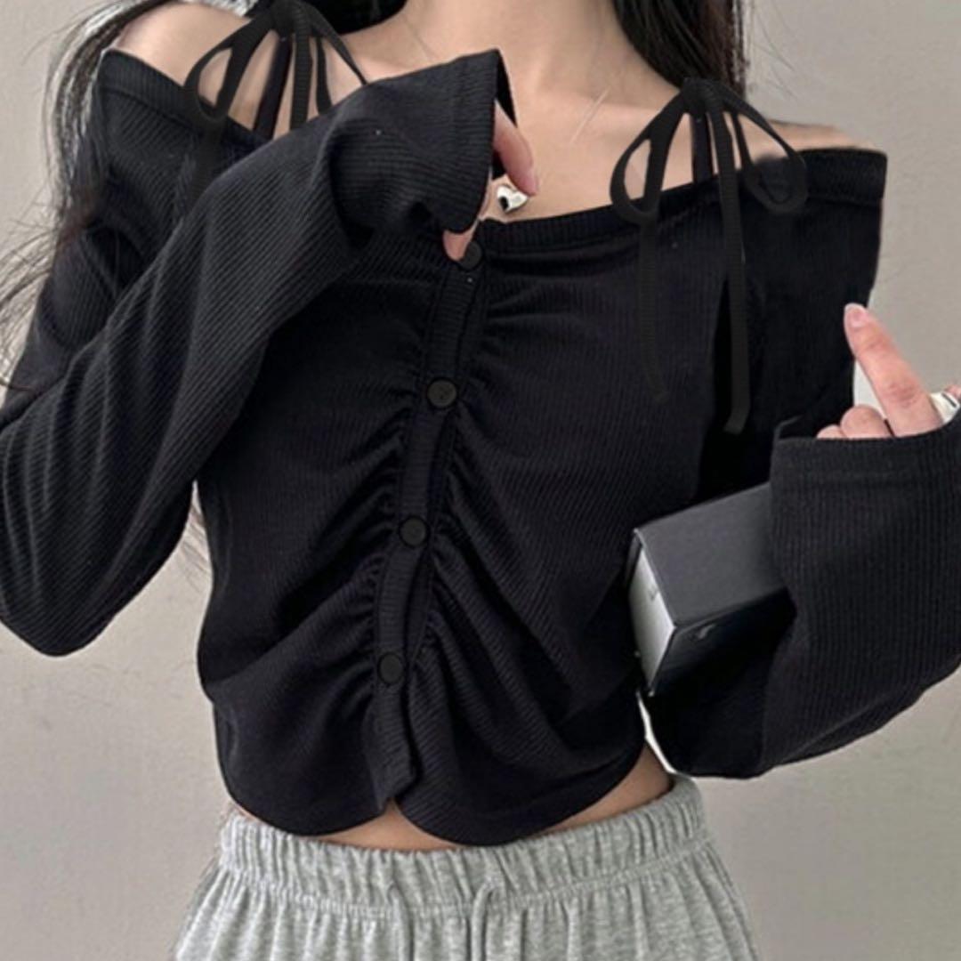トップス 韓国 黒 ブラック クロップド丈 ギャザーテレコ リボン y2k