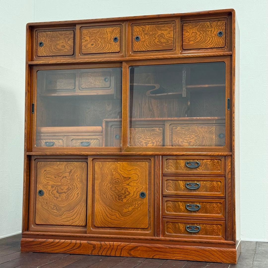 H21K83 欅材 ケヤキ 茶棚 隠しあり サイドボード キャビネット 飾り棚