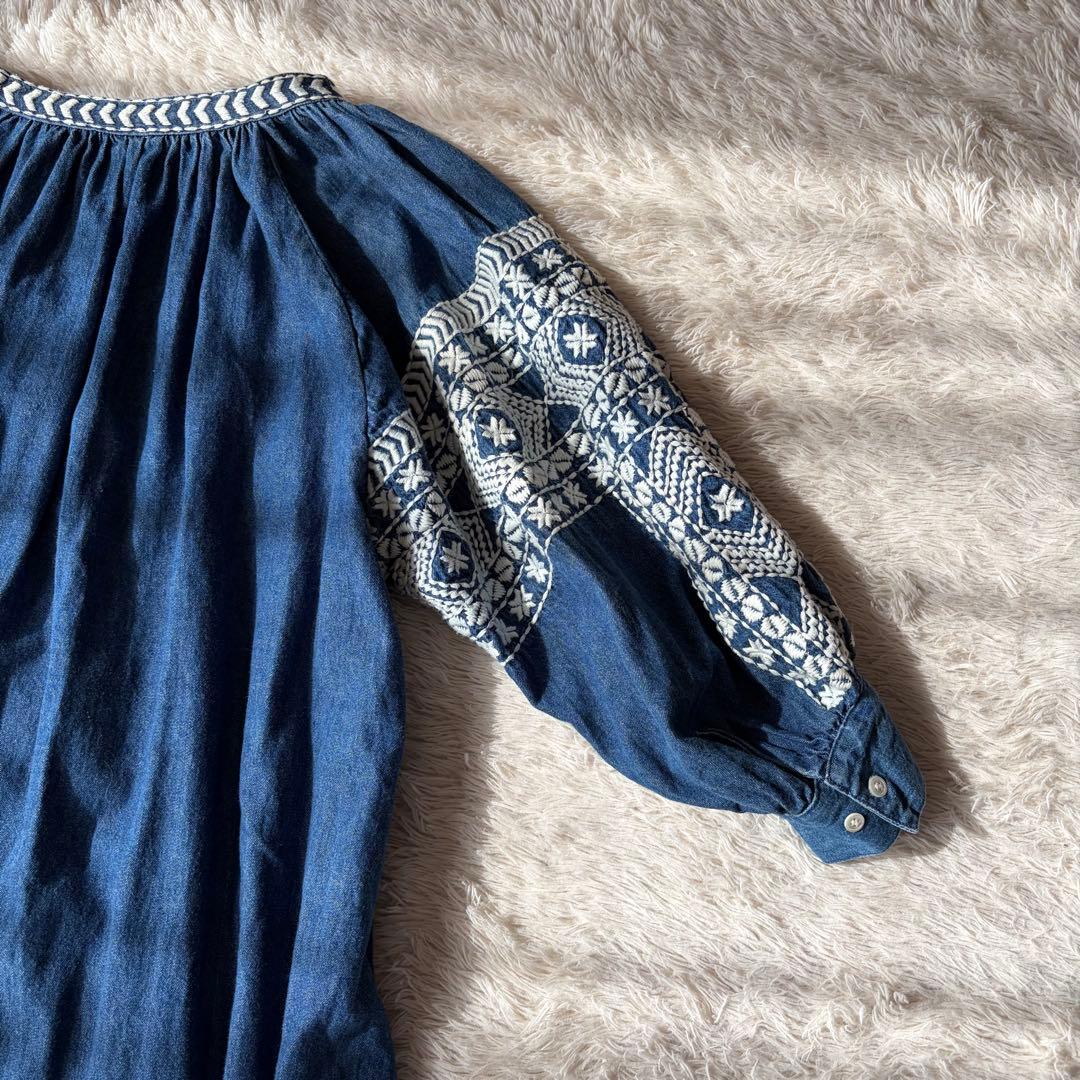 グレースクラス デニム刺繍ワンピース ボリューム袖 七分丈 - メルカリ