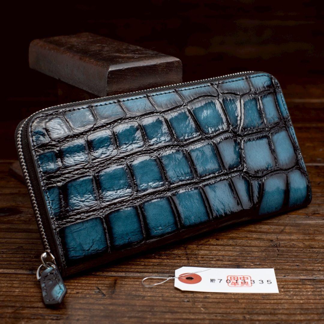 実物撮影 一枚革 クロコダイル ブルー メンズ 長財布 ラウンド