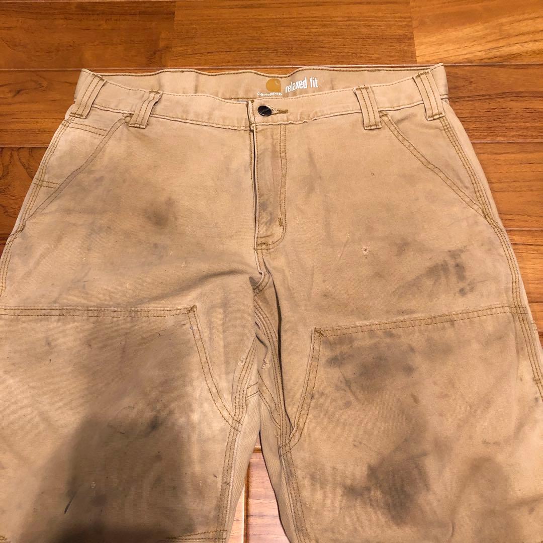 CARHARTTダブルニーワークパンツ ベージュ 汚れデザイン34／30