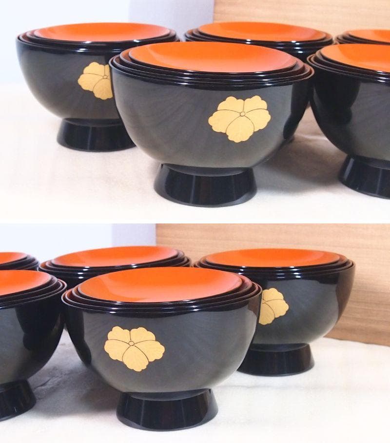 未使用】輪島塗 熊野茂次 蔦蒔絵/蔦文 四つ椀5客 入れ子