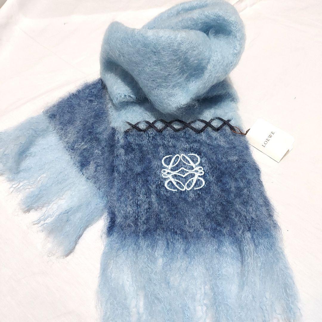 未使用タグ付】LOEWE ロエベ モヘアマフラー / アナグラム /刺繍ブルー