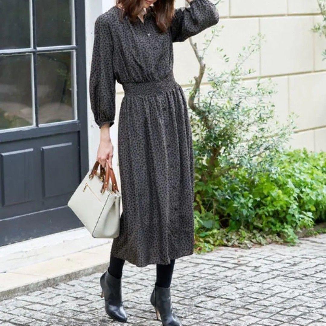 ANAYI デシン リーフプリント シャーリング ワンピース 日本製 Mサイズ