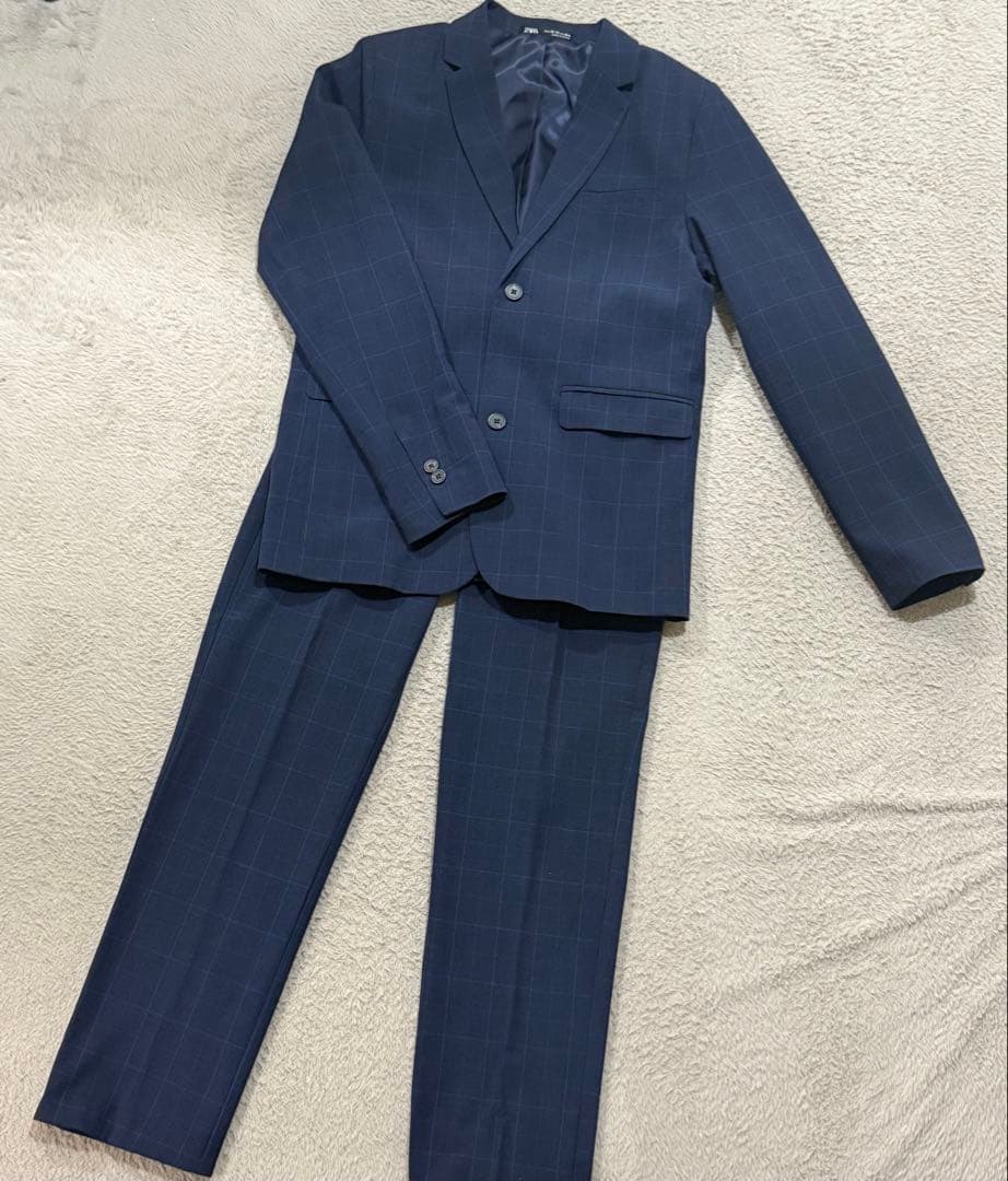 ZARA ネイビー チェック柄 スーツ上下 164✖️152 - メルカリ