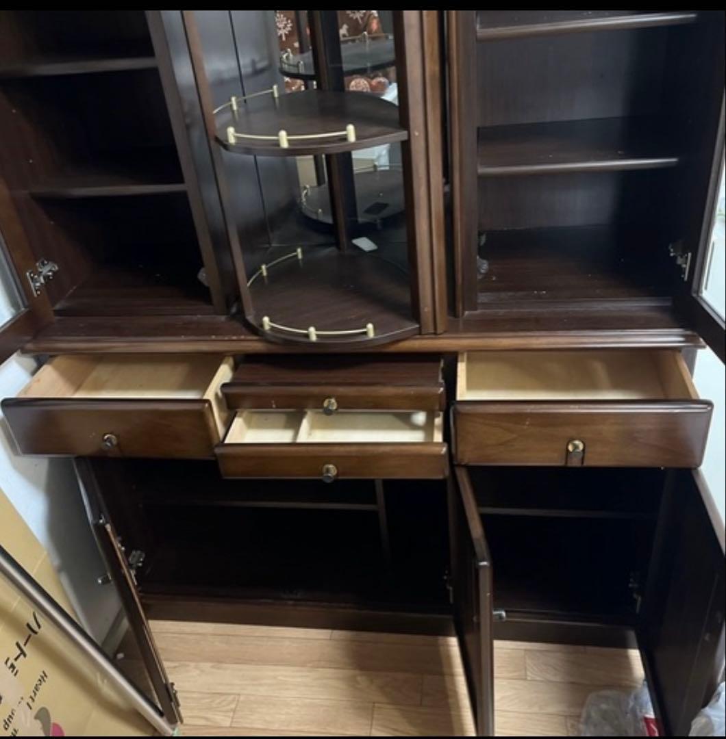 木製食器棚 ガラス回転扉付き ダークブラウン3月末処分引き取り限定
