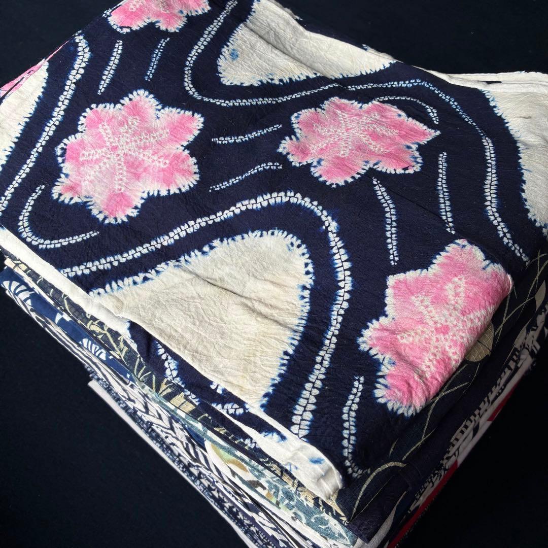 82 女物浴衣14枚男物浴衣5枚おまとめ売り材料綿 浴衣 メンズ セット 5点セット（浴衣+角帯+下駄+巾着+腰紐）「綿麻 し