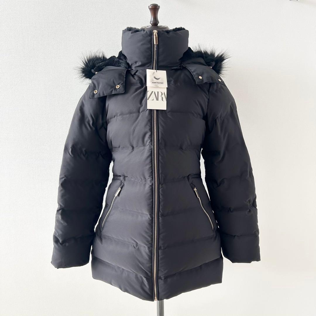 新品✨ZARA セミロング丈フード付きダウンジャケット ブラック S