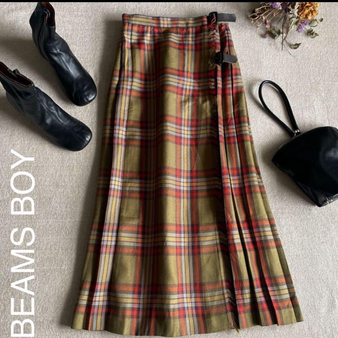 BEAMS チェックスカート プリーツ巻きスカート ビームスボーイ