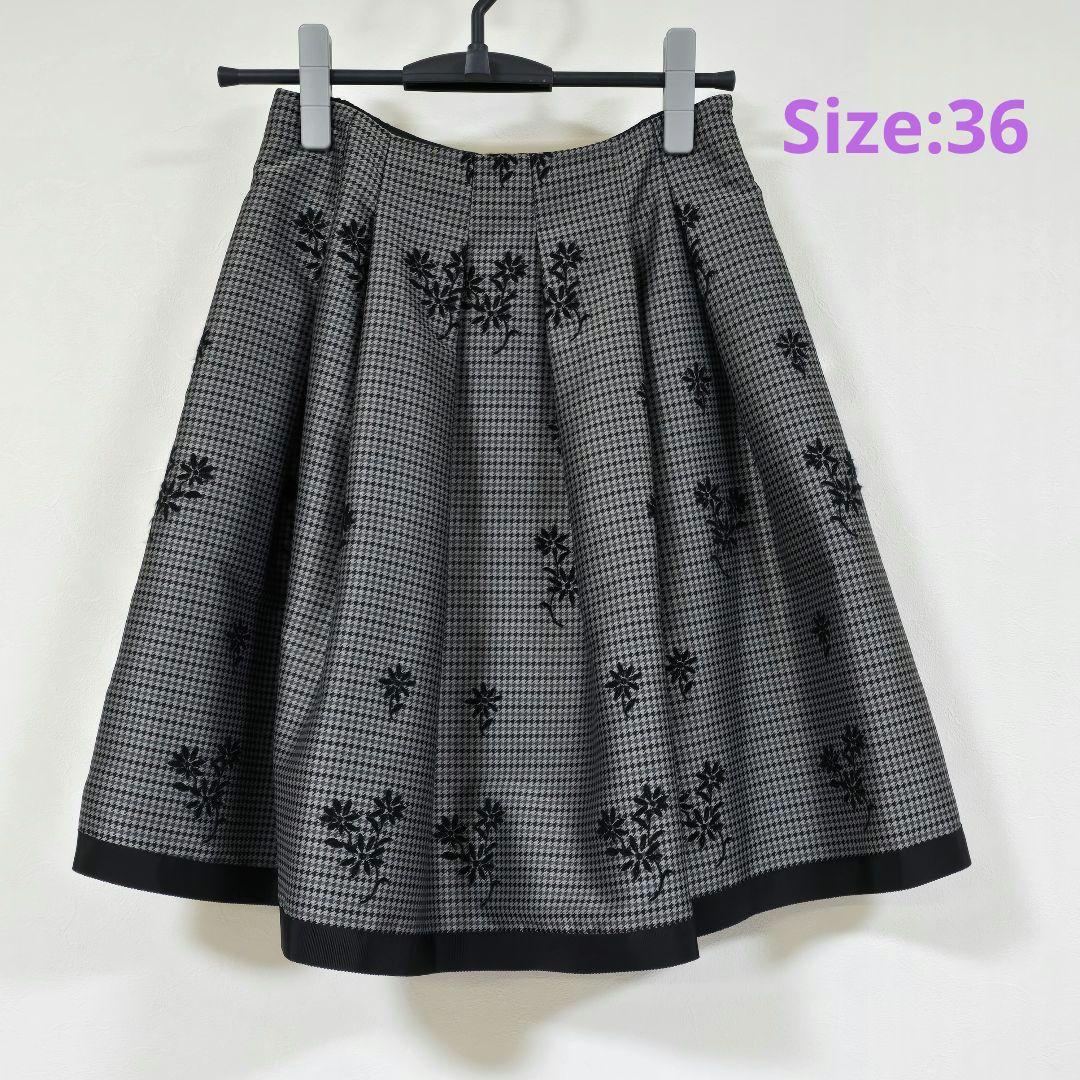 M'S GRACY エムズグレイシー 千鳥格子 花柄 膝丈 タックフレアスカート