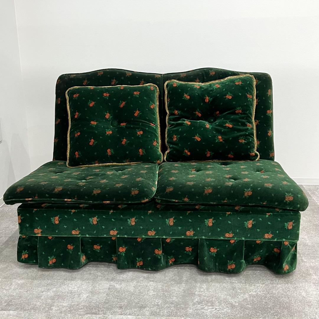 花柄ベルベットソファ 2人掛けソファ 昭和レトロ クッション付き