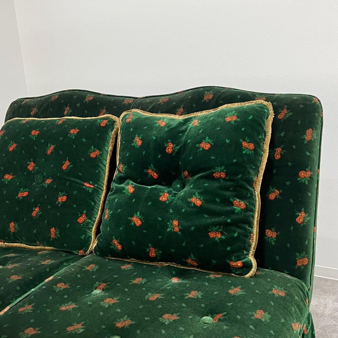 花柄ベルベットソファ 2人掛けソファ 昭和レトロ クッション付き
