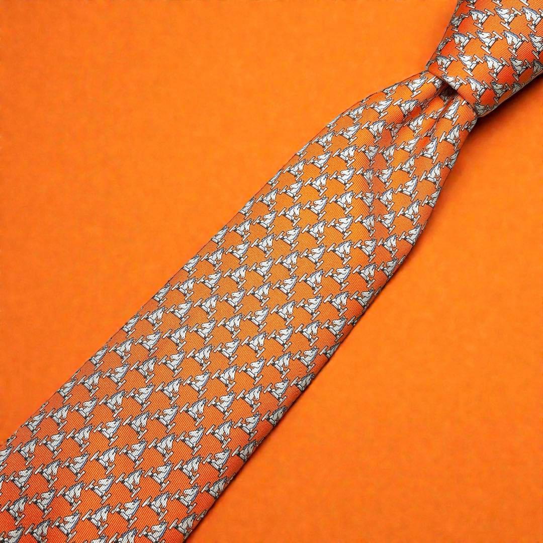 エルメス 馬柄 Hモチーフ シルク ネクタイ オレンジ 縁起物 新年