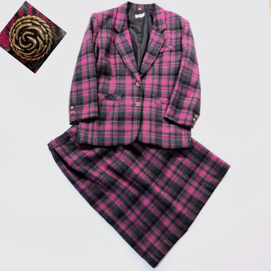 バブリースーツ セットアップ タータンチェック ピンク 金ボタン古着