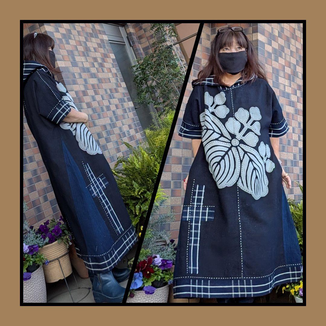 藍染家紋風呂敷♥古布リメイクワンピースフード付き 藍染古布合わせ