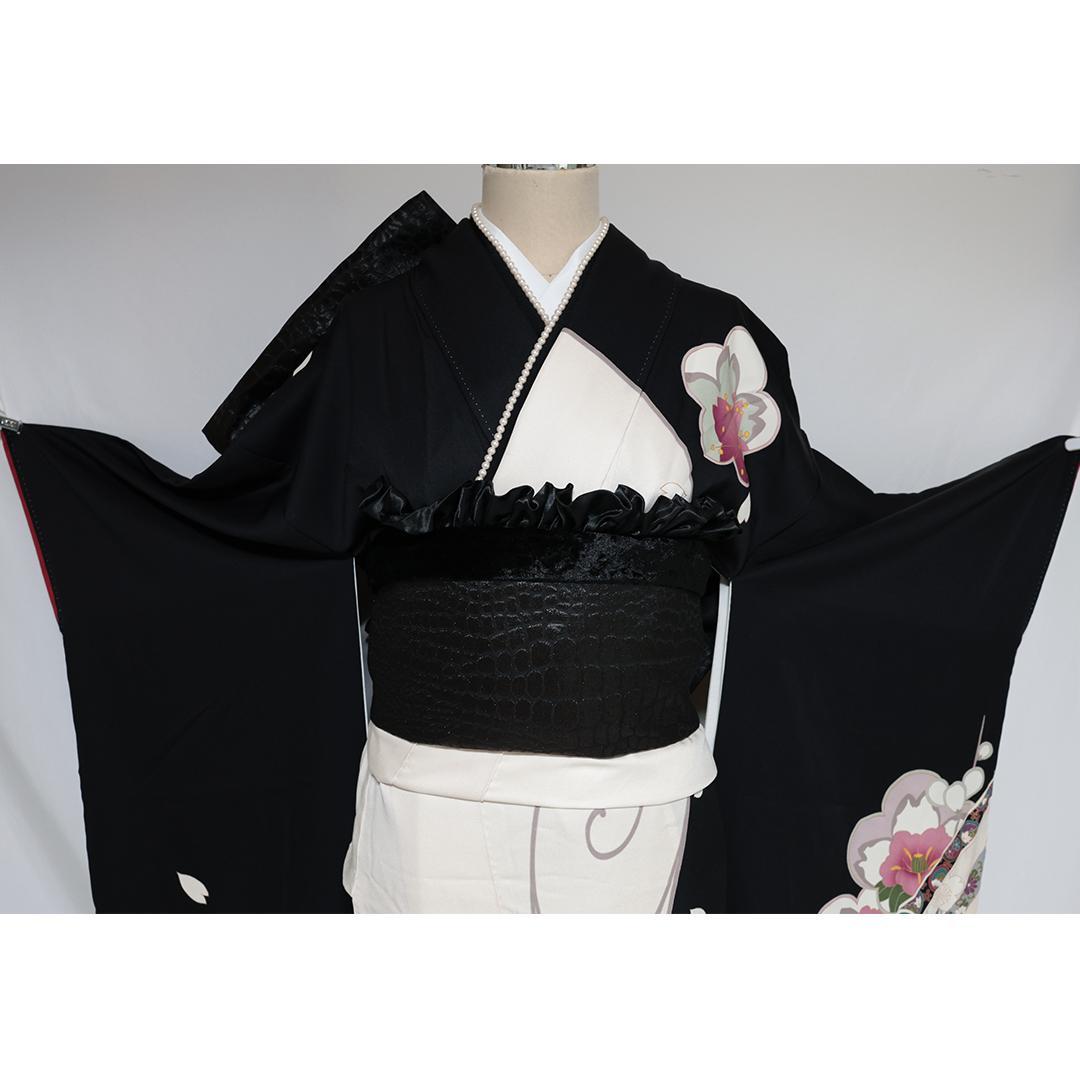 良好□振袖7点セット帯新品帯締め帯揚げフルセットトールサイズ白系黒