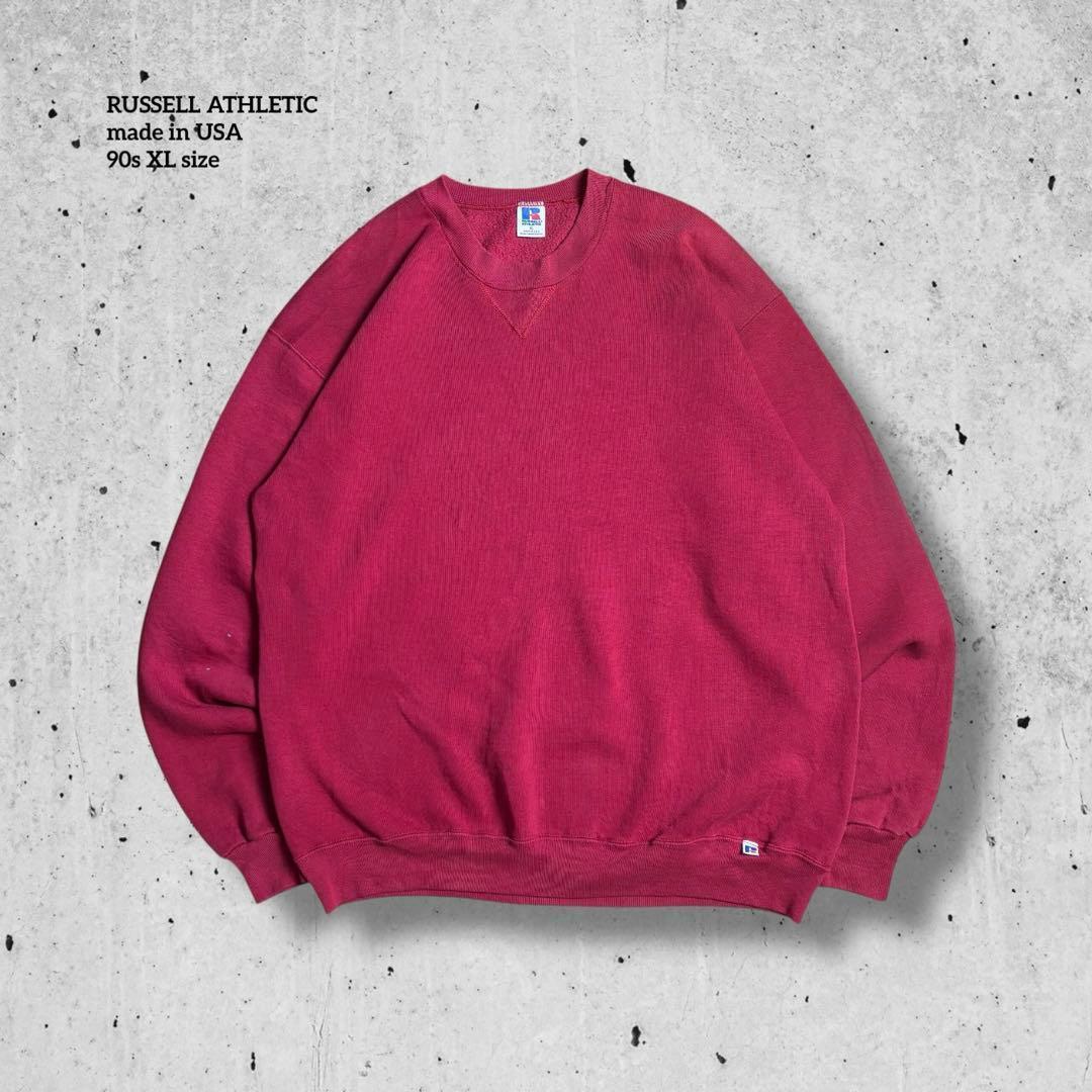 90s USA製 ラッセルアスレチック ソリッド 無地 前V ワインレッドXL