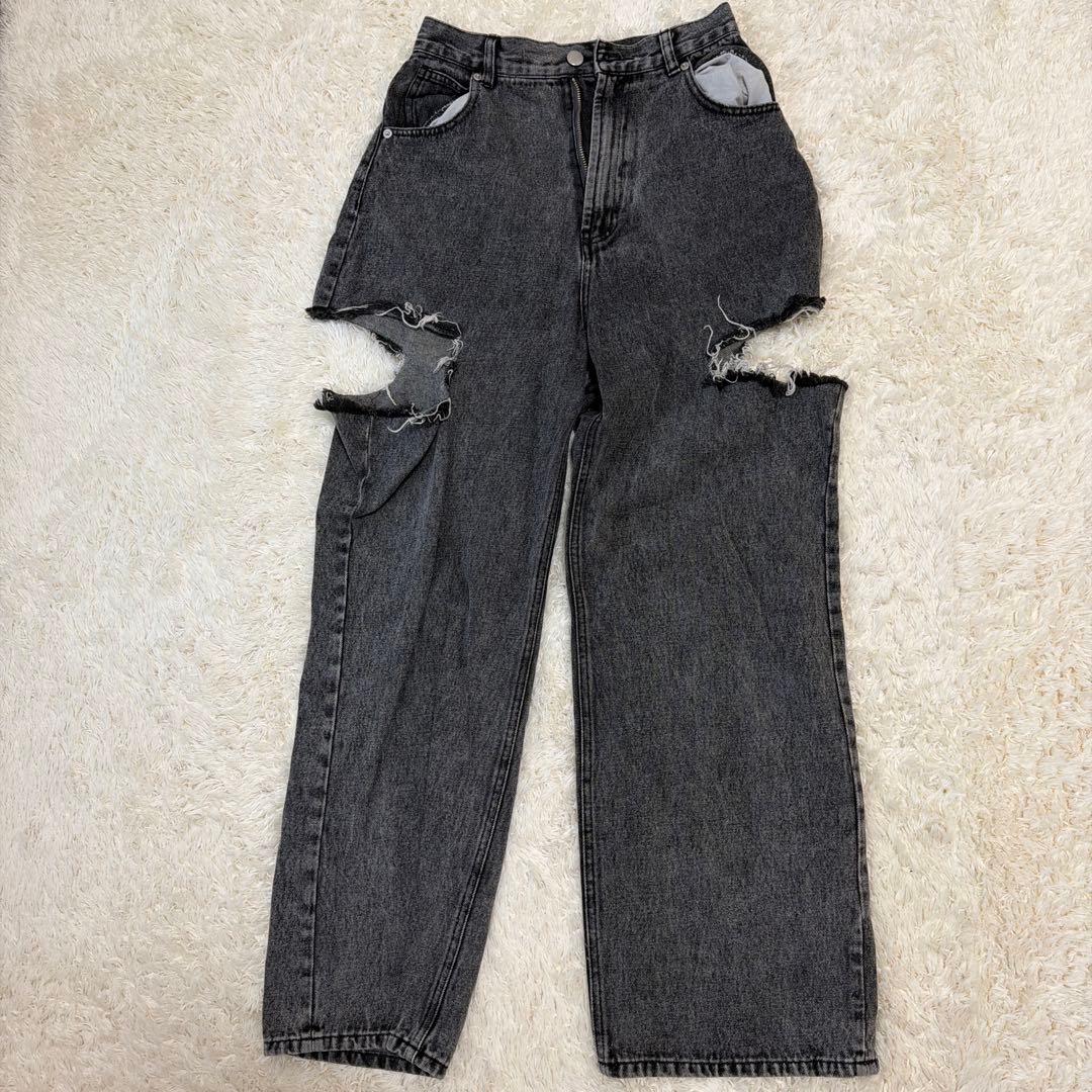 ダメージ加工 グレー ワイドレッグデニムパンツ - メルカリ