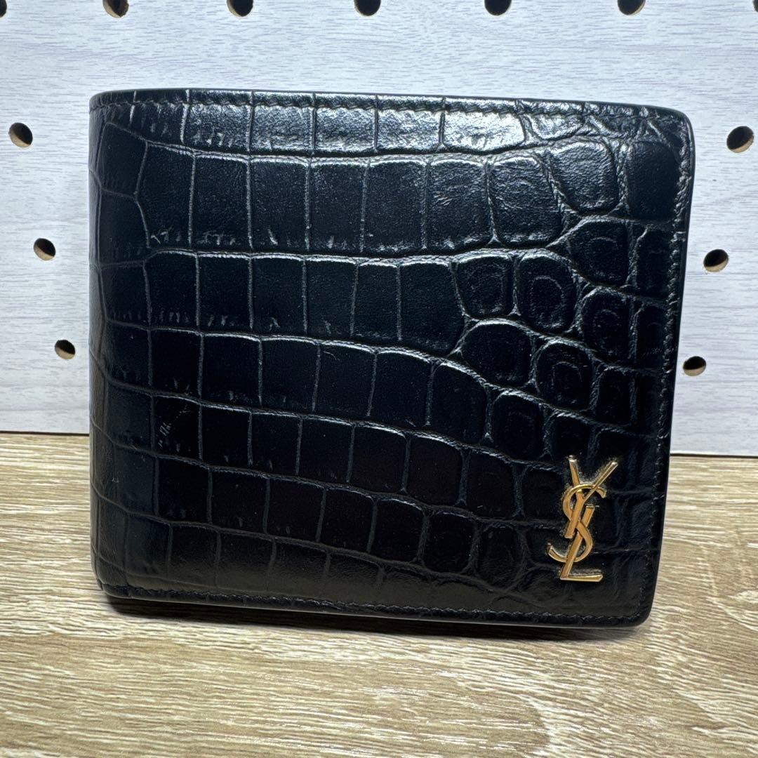 サンローラン 折り財布 クロコ YSL ロゴ 金具 レザー ブラック - メルカリ
