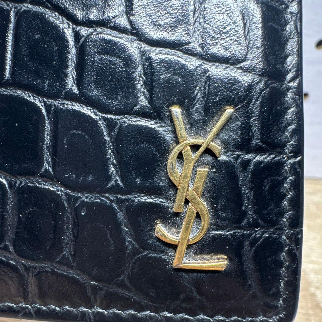 サンローラン 折り財布 クロコ YSL ロゴ 金具 レザー ブラック - メルカリ