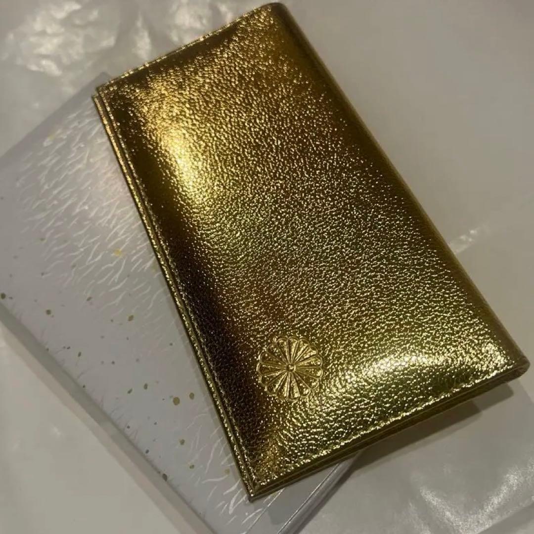 絶版品新品本物 日本皇室御用達菊紋章 黄金革長財布 ゴールド 天然皮革